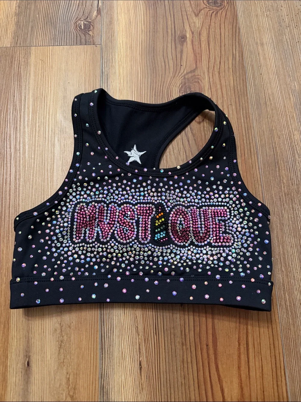 Kids Black Rhinestone Dance Crop Top with 'MYSTIQUE' Detail